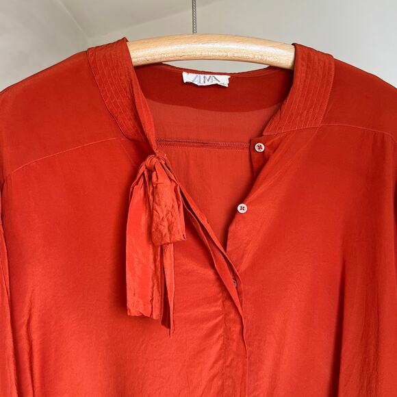Vintage Orange 100% Silk‎ Bow Tie Peter Pan Collar Secretary Blouse Top - Picture 13 of 13